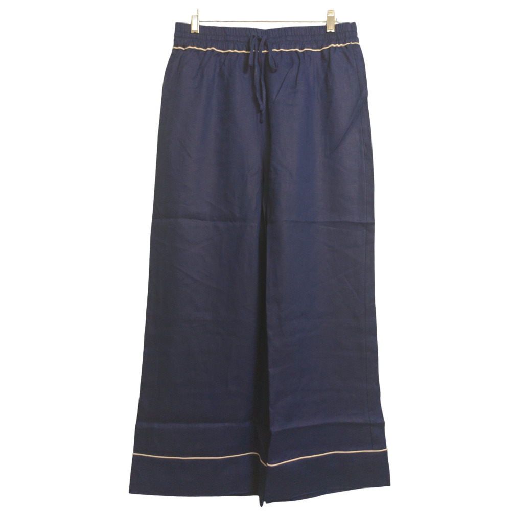 Hill House The Skylar Pant Navy Blue White Linen Wide Leg Adjustable M New